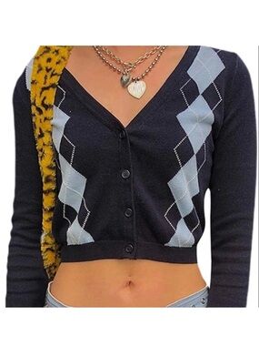 Brandy Melville Argyle Cropped Cardigan Navy sky Blue White Carolina Colorway XS